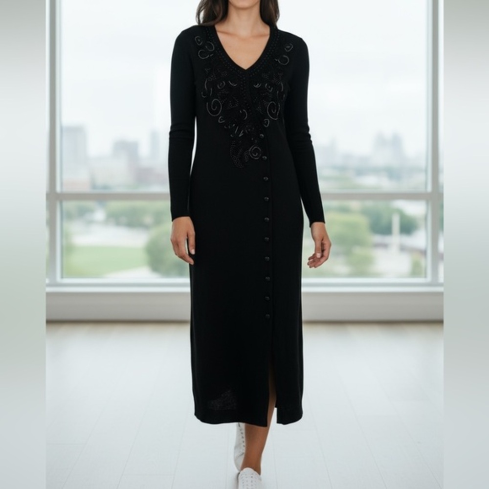 CAROLE LITTLE Vintage Beaded Black Long Sleeve Button Up Wool Blend Dress Size S